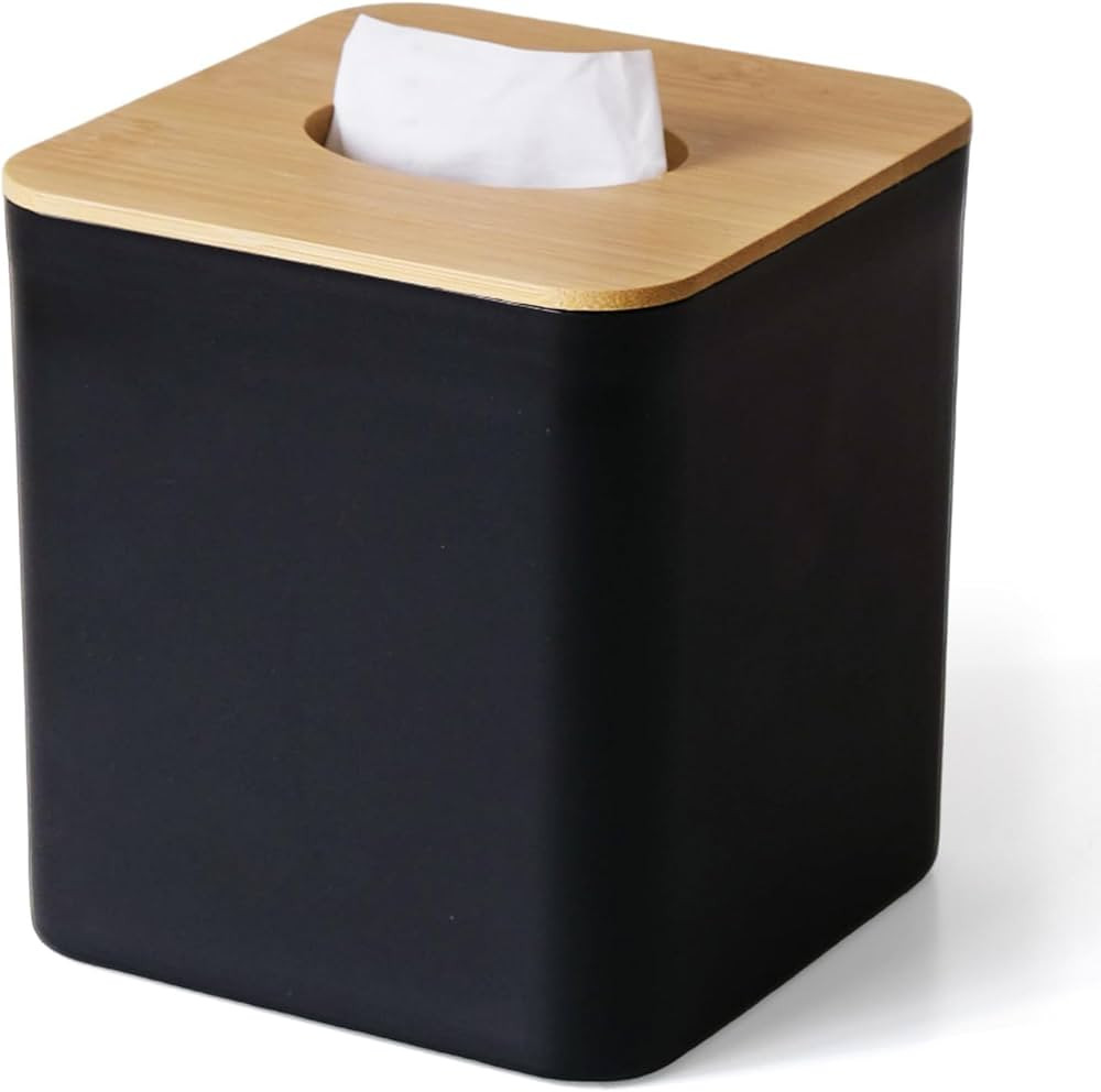 Tissue Box Cover Square, Black Tissue Box Holder with Bamboo Cover Plate, Cube Tissue Box Cover f... | Amazon (US)
