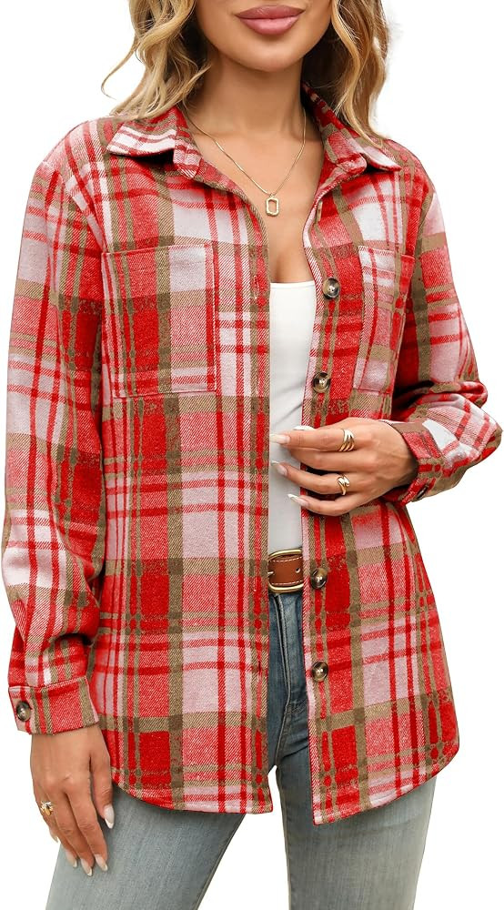 CORSKI Women's Flannel Shirts Casual Button Down Plaid Shirt Jacket Long Sleeve Fleece Shacket wi... | Amazon (US)