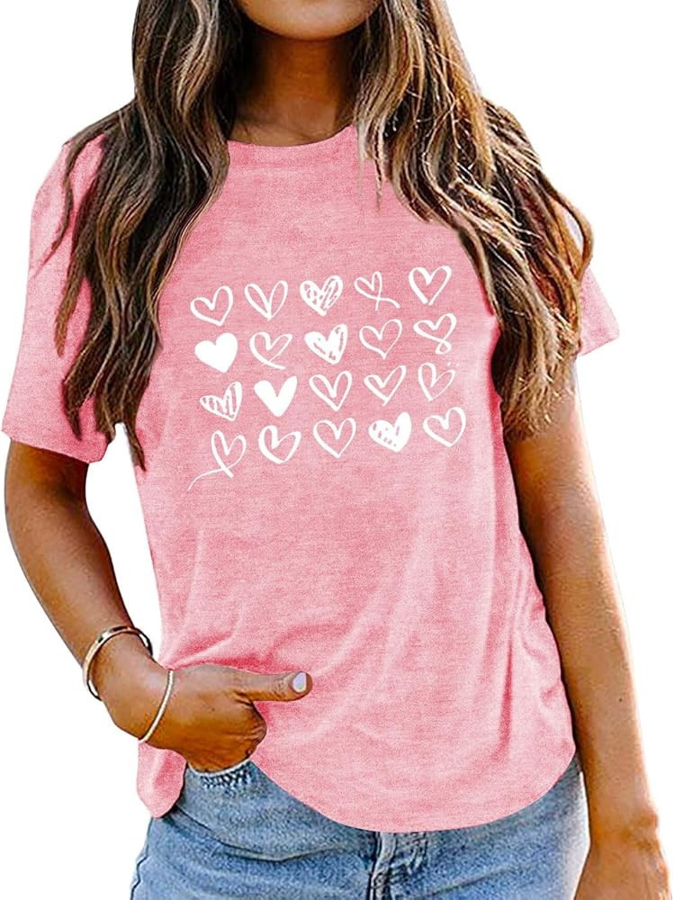 Valentine's Day Shirts for Women Valentine Love Heart Printed Graphic Tshirt Cute Girls Casual To... | Amazon (US)
