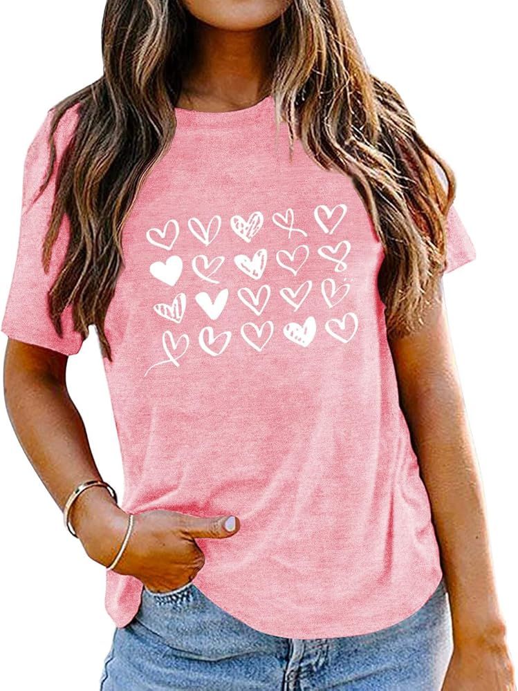 Valentine's Day Shirts for Women Valentine Love Heart Printed Graphic Tshirt Cute Girls Casual To... | Amazon (US)