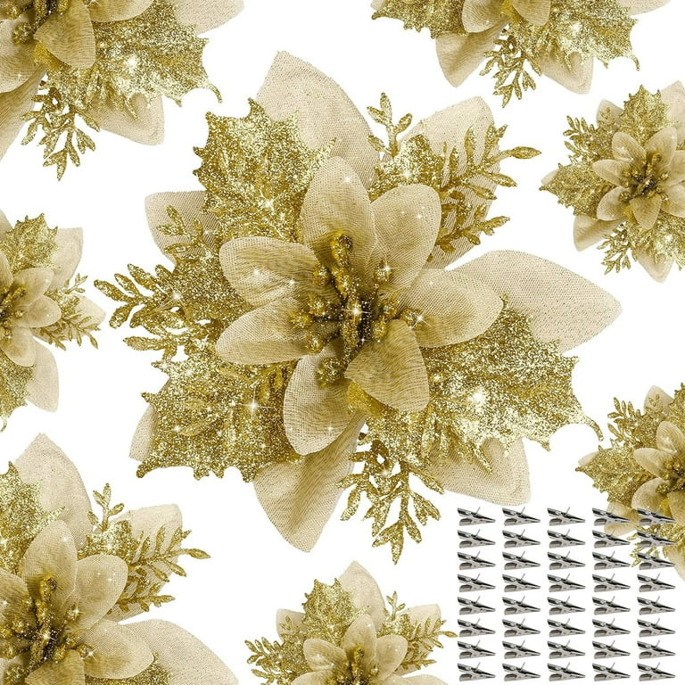 BYXAS 40 PCS Poinsettia Flower Artificial Poinsettia with Clips Christmas Decor Glitter Poinsetti... | Walmart (US)