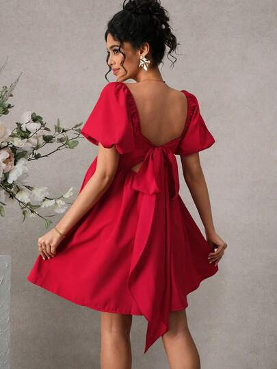 Momance Maternity Dress With Puff Sleeves, Square Neck, Gathered Front, Bow Tie Back Design, A-Li... | SHEIN