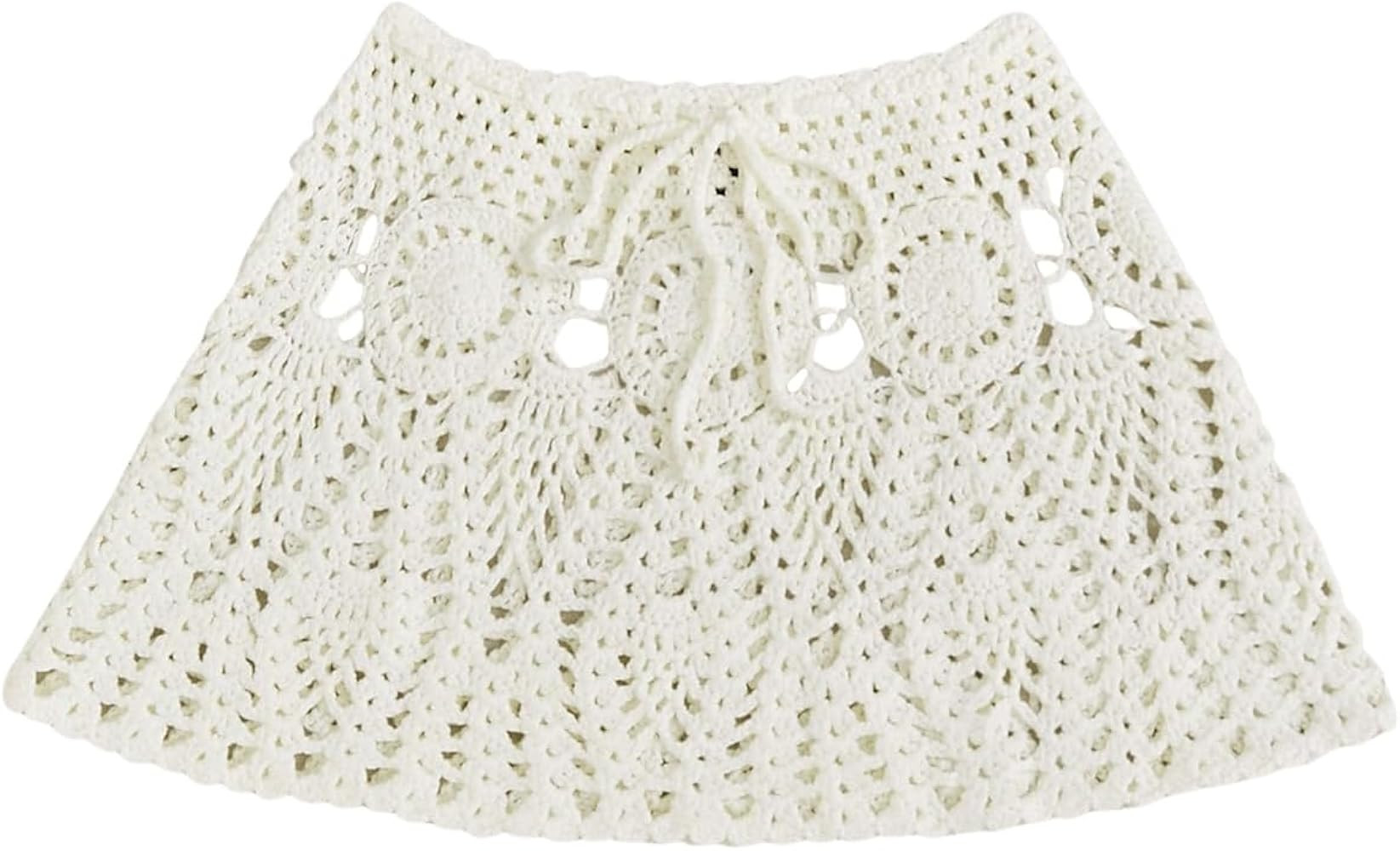 MakeMeChic Women's Crochet Cover Up Skirt High Waist Drawstring Knit Swimsuits Boho Swim Skirts | Amazon (US)