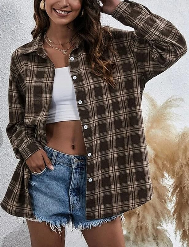 Bozanly Flannel Buffalo Plaid Shirts for Women Oversized Button Down Shacket Blouse Tops | Amazon (US)