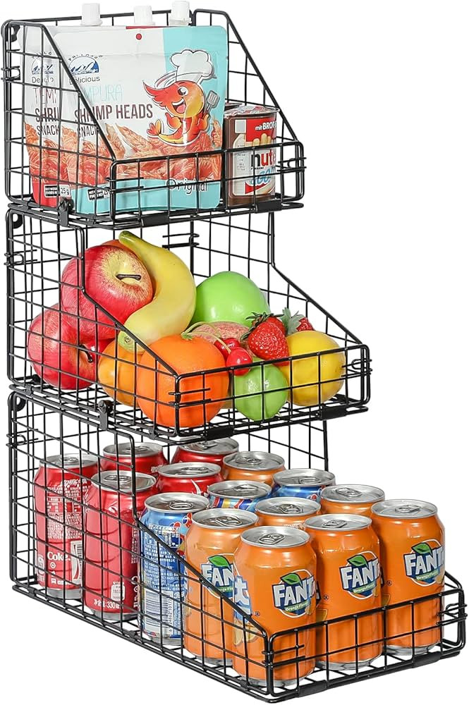 keomaisyto 3 Tier Stackable Narrow Wire Basket for Pantry Organization and Storage, Metal Snack Orga | Amazon (US)