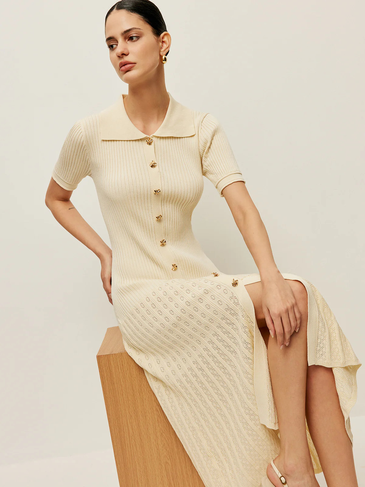 Knit Hollow Buttoned Polo Dress | Commense