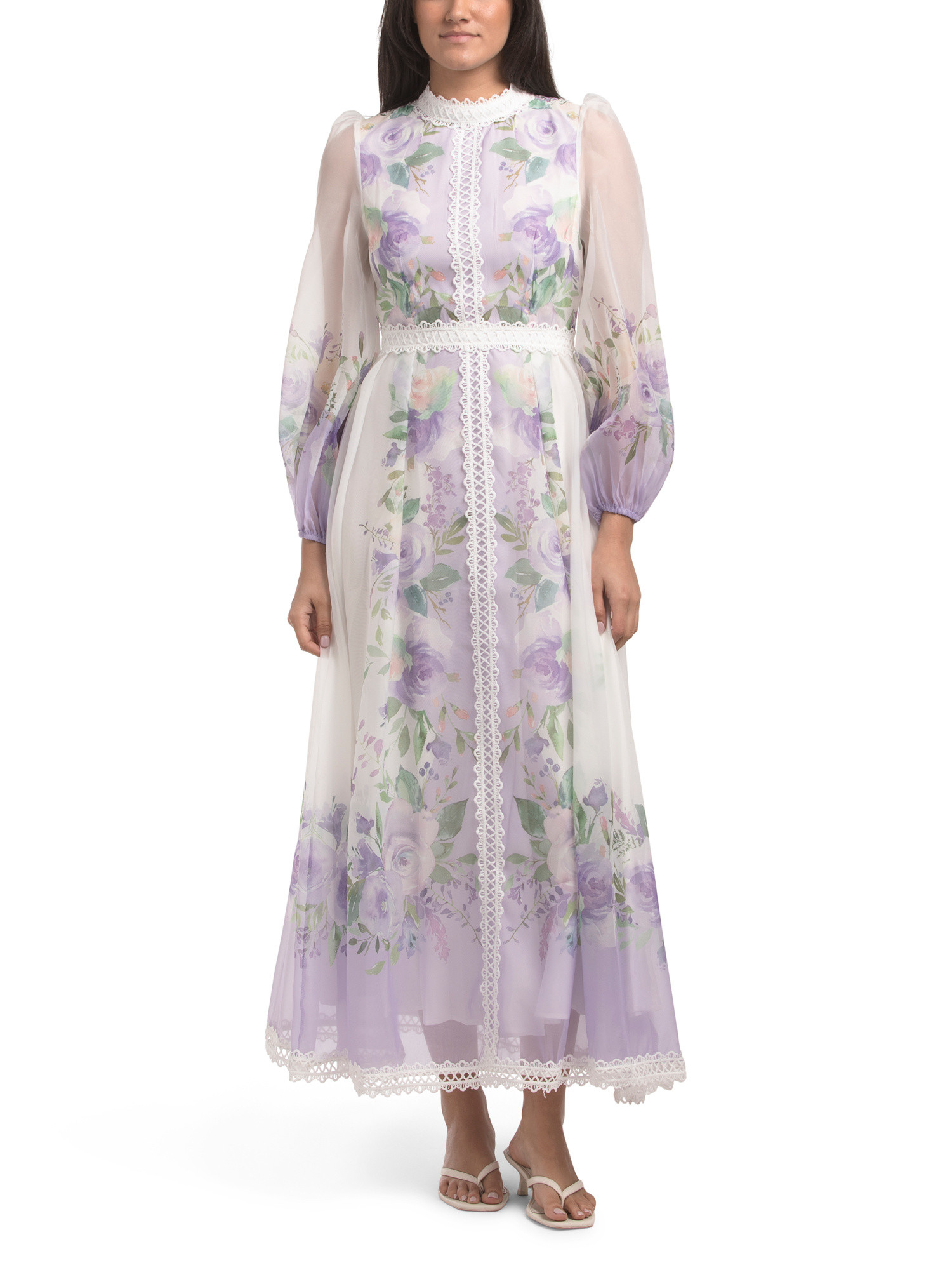 Balloon Sleeve Floral Print Maxi Dress With Lace Trim | TJ Maxx