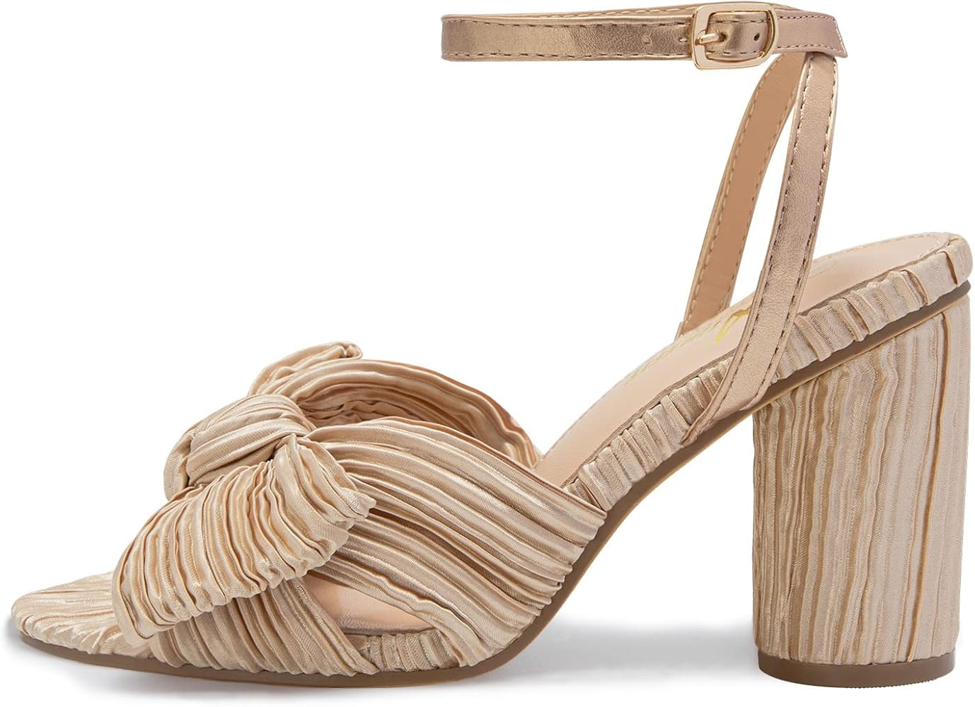 Athlefit Women's Open Toe Chunky Heels Pleated Bow Ankle Strap Heeled Sandals Wedding Bridal Shoes | Amazon (US)
