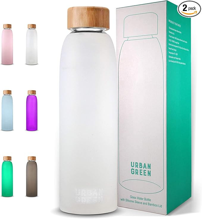 Glass Water Bottle with Protective Silicone Sleeve and Bamboo Lid by Urban green, 18oz, 1extra 30... | Amazon (US)