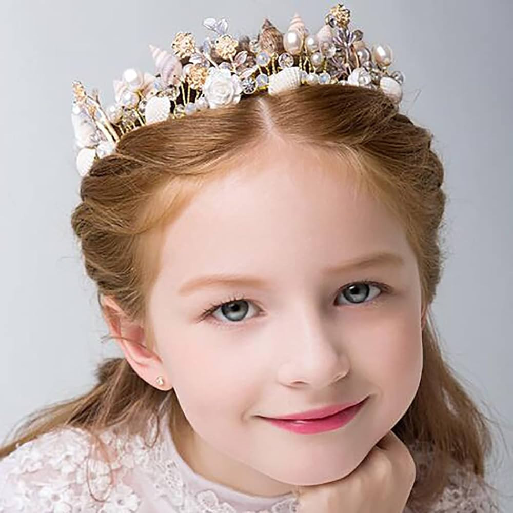 Campsis Flower Girl Headpiece Gold Seashell Crown Pearl Princess Birthday Hair Piece Wedding Hair... | Amazon (US)
