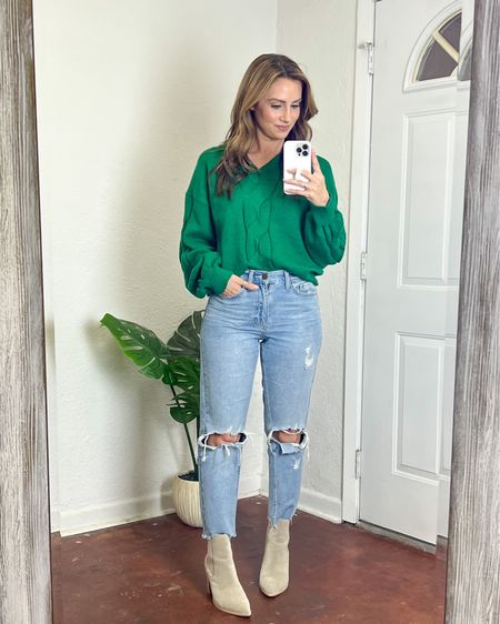 The detail on this sweater is 😍😍😍. Also comes in ivory. Wearing a small. Jeans are a fav so much that I bought a back up. Wearing a 25. Shoes are TTS. 

Red Dress boutique, emerald green sweater, mom jeans, distressed denim, pointed toe tan booties, holiday sweater, taupe booties

#LTKSeasonal #LTKHoliday #LTKunder50