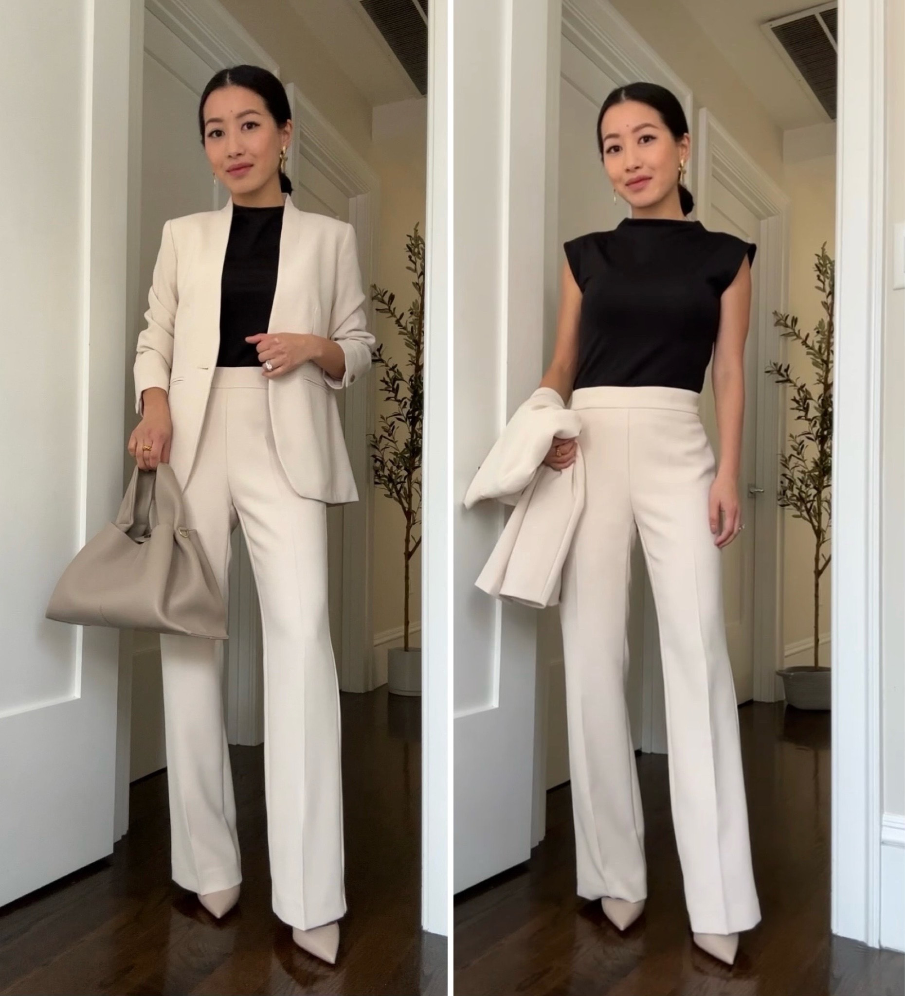On sale 

•Crepe trousers 00 petite - These run big for me at the waist. the 00 petite measures 13.25” across the waist with a 10” rise and 29” inseam. Also linked this crepe suit in a deep burgundy that’s lovely for fall

• Crepe blazer in 00 petite - beautiful quality, just note Ann Taylor runs bigger than brands like A&F so this is a looser fit on me. 

• Black mock neck top xxs
• Polene bag 

#LTKSeasonal #LTKworkwear #LTKsalealert