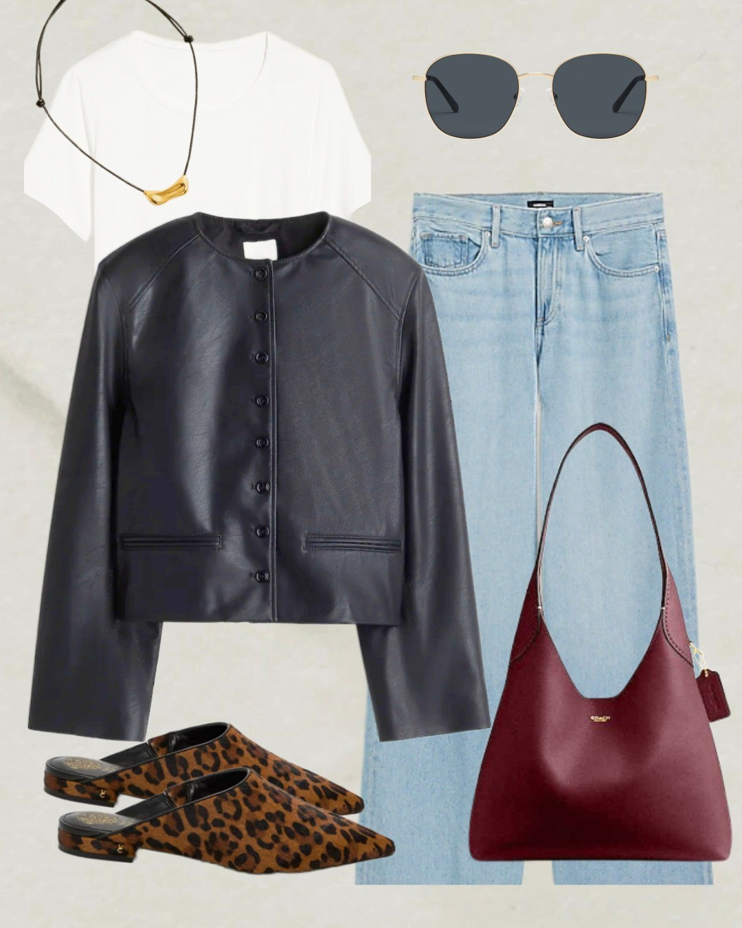 Fall transition outfit, leather jacket, wide leg jeans, white tee outfit, coach brooklyn bag, leopard mules. Fall Date Night outfit, girls night outfit. 

#LTKFindsUnder100 #LTKStyleTip #LTKItBag