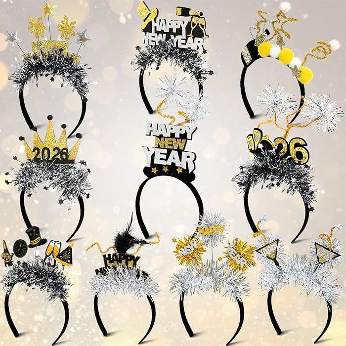Mega-L 10Pcs New Year Headbands, 2026 Happy New Year Party Supplies Favors, Gold Black Silver Hea... | Amazon (US)