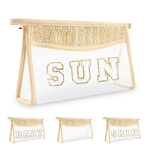 Clear Patch Sun Bag Makeup Letter Bag, Boho Preppy Letter Sun Bag for Beach Swim, Waterproof Zipper Make up Bag Toiletry Pouch for Women Girls, Clear Letter Organizer Pouch for Travel(Sun, Beige) | Amazon (US)