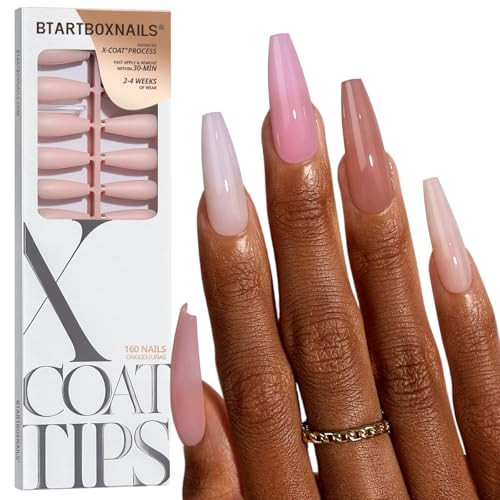 BTArtboxnails XCOATTIPS Bare 5-Shades Nude Press on Nails - 4-Week Wear Extra Long Coffin Press on Nails, Easy to Apply, Soak Off, Salon Quality Value at Home, 16 Sizes - 160 Fake Nails | Amazon (US)