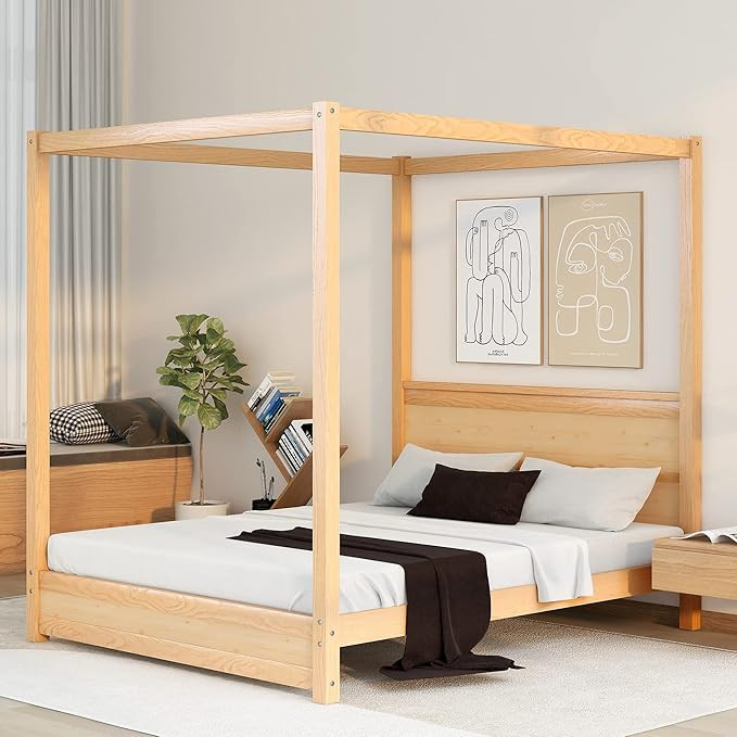 Queen Size Canopy Bed with Headboard, 4-Post Canopy Platform Bed Frame, Solid Wood Queen Bed Frame f | Amazon (US)