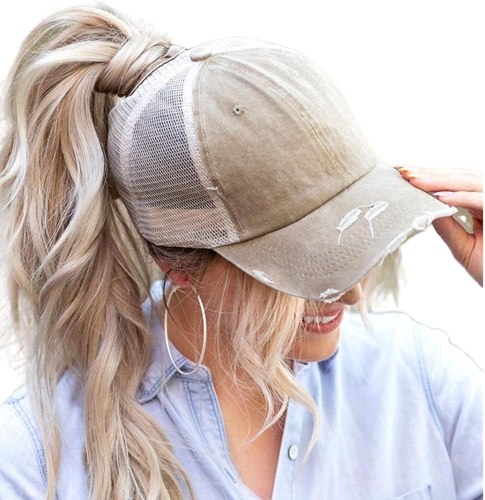 ProMindFun Womens Ponytail High Messy Bun Hats Distressed Baseball Caps Unconstructed Washed Dad Hat | Amazon (US)