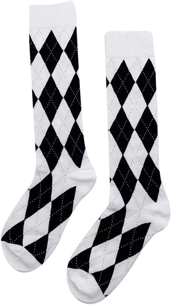 ujeer Black White Knee High Socks Harajuku Preppy Style Argyle Diamond Lattice Plaid Vintage Loli... | Amazon (US)
