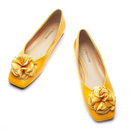 C.Paravano Ballet Flats for Women | Yellow Flat Shoes | Womens Square Toe Flats | Slip On Dress Women's Leather Shoes | Flower Flats (Size 8.5,N-Yellow) | Amazon (US)