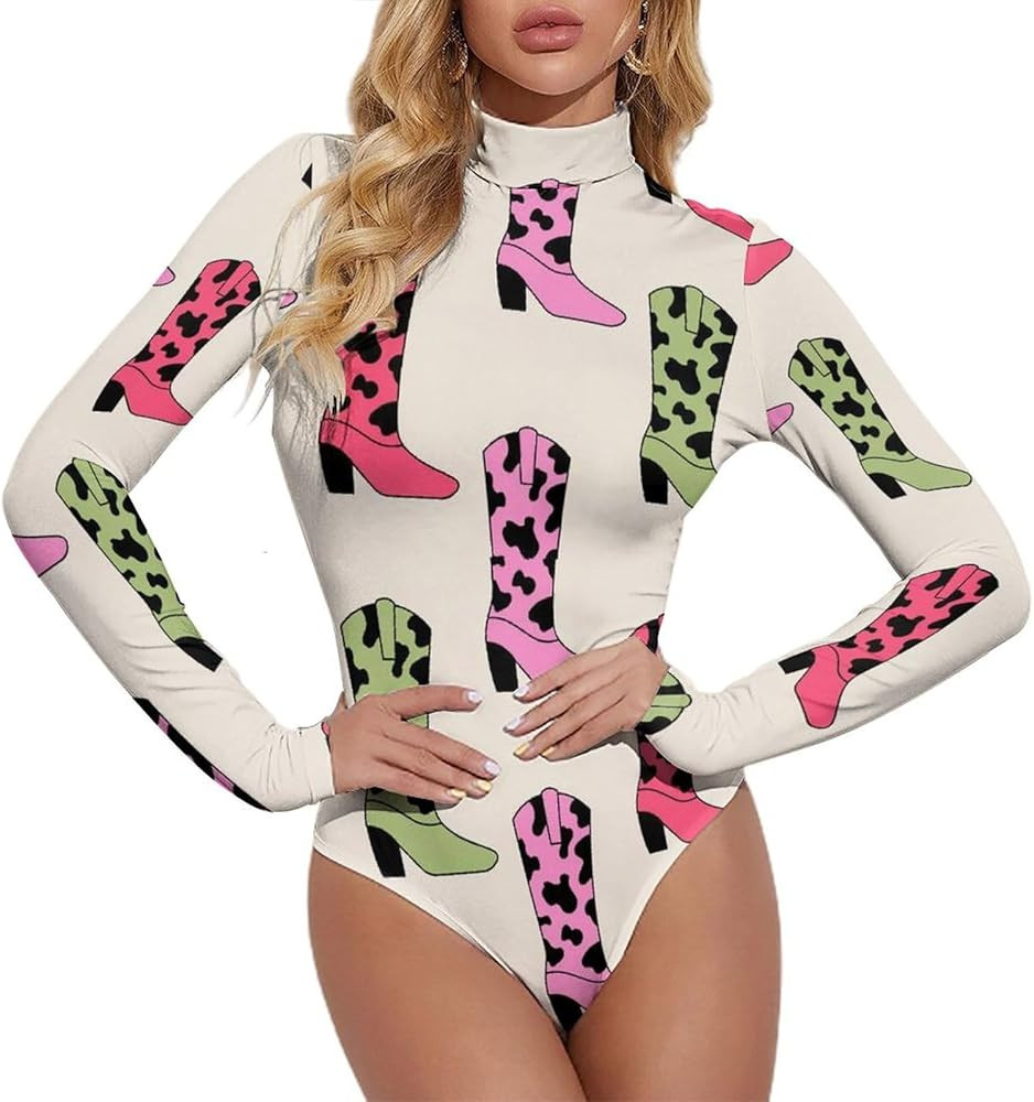 Novastar Long Sleeve Bodysuit for Women - Retro Cowboy Boots Cow Print Body Suits Tops Jumpsuit f... | Amazon (US)