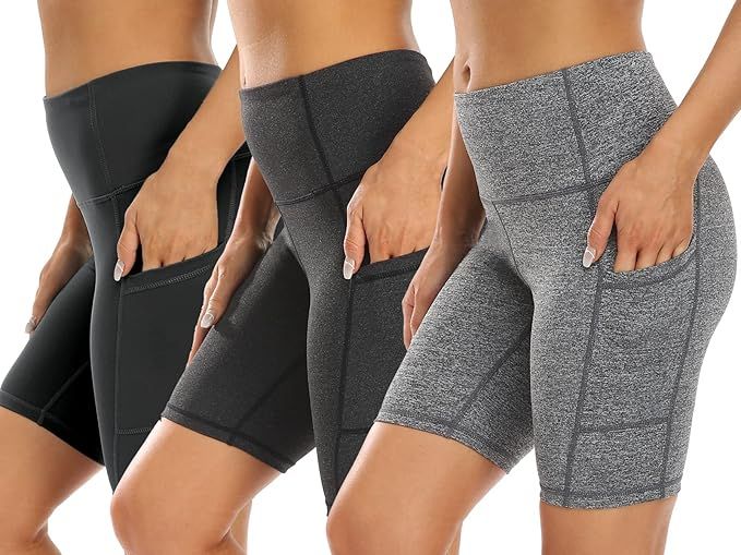 3 Pack High Waist Out Pocket Yoga Short 8"/5" Tummy Control Workout Shorts Running Athletic Non S... | Amazon (US)