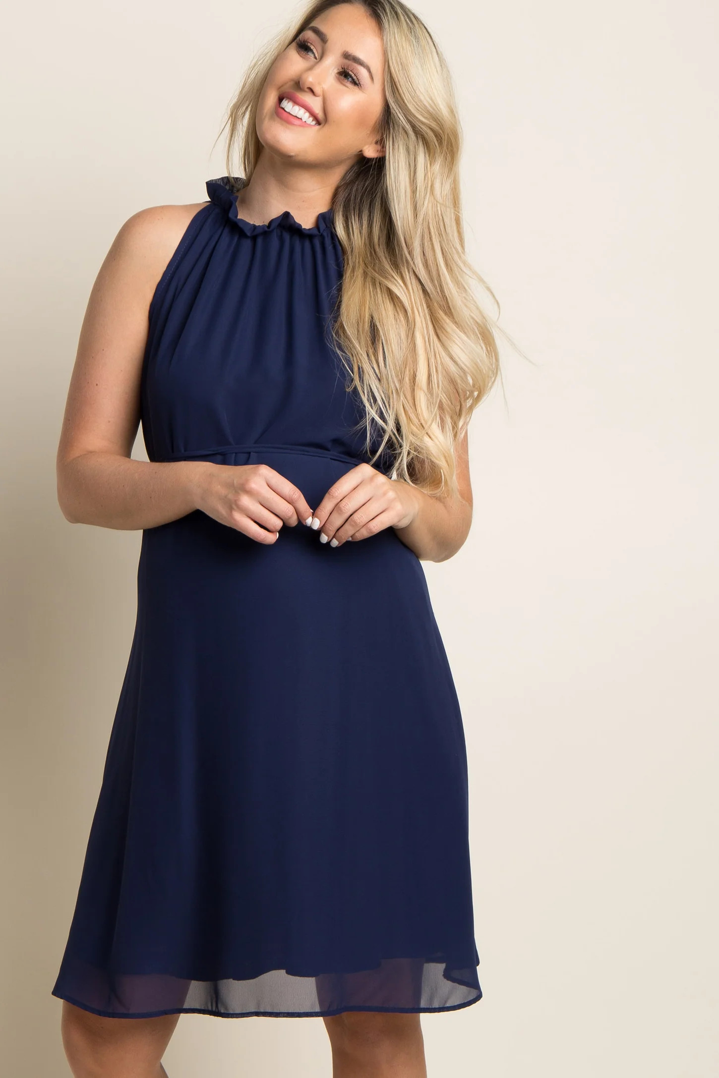 Navy Blue Chiffon High Neck Maternity Dress | PinkBlush Maternity