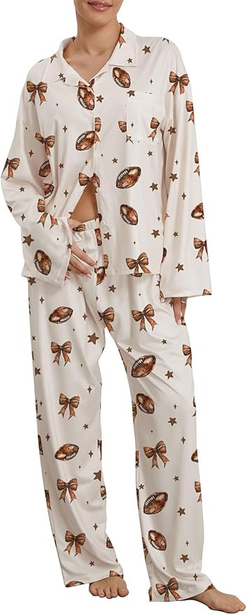 Womens Football Button Down Pajamas Set Long Sleeve Football Print Shirt Wide Leg Pants 2 Piece L... | Amazon (US)