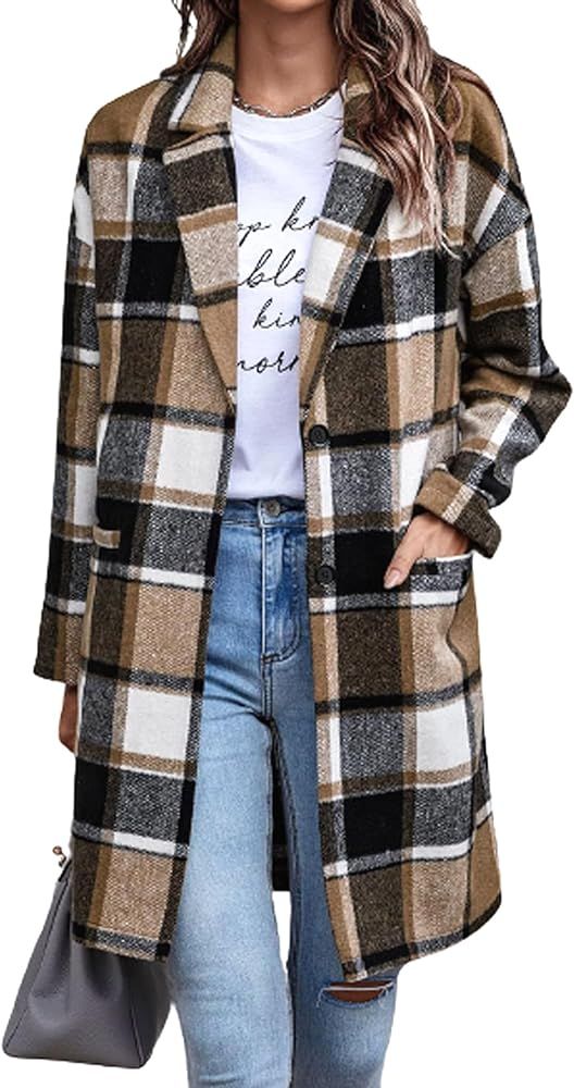 Zeagoo Women 2023 Plaid Jacket Mid Length Trench Coat Fall Wool Pea Coat with Pockets | Amazon (US)