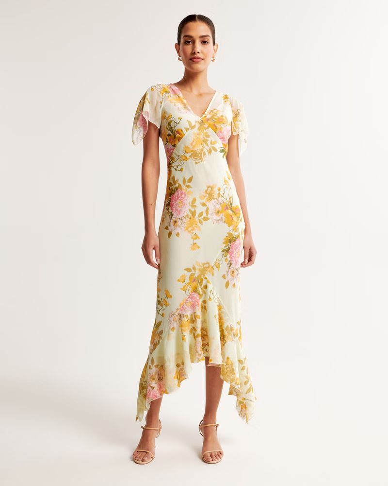 Flutter Sleeve Plunge Tiered Maxi Dress | Abercrombie & Fitch (US)