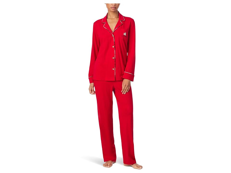Lauren Ralph Lauren Long Sleeve Notch Collar Knit PJ Set Women's Pajama Sets Crimson : MD (US 8-10), Cotton/Viscose | Zappos