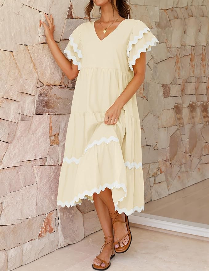 ZESICA Womens 2025 Summer Casual Midi Dresses V Neck Flutter Short Sleeve Ruffle Tiered A Line Fl... | Amazon (US)