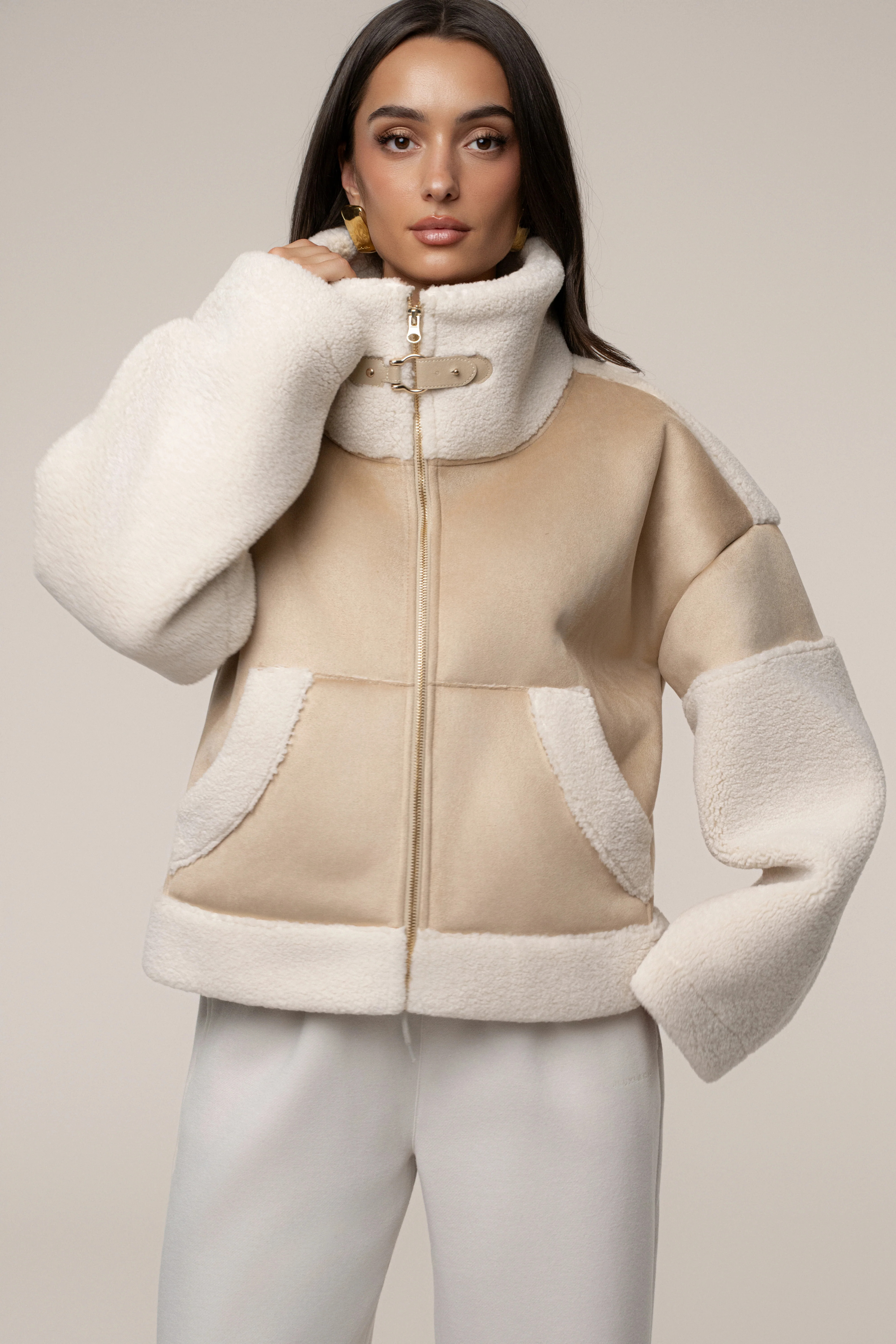 Sand Suede And Sherpa Jacket S/M | JLUXLABEL