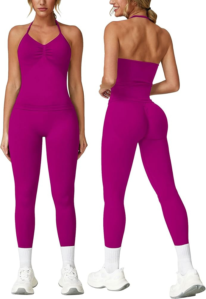 ABOCIW Workout Sets for Women Seamless Scunch Butt Lifting Impact Leggings Longline Strappy Top 2... | Amazon (US)