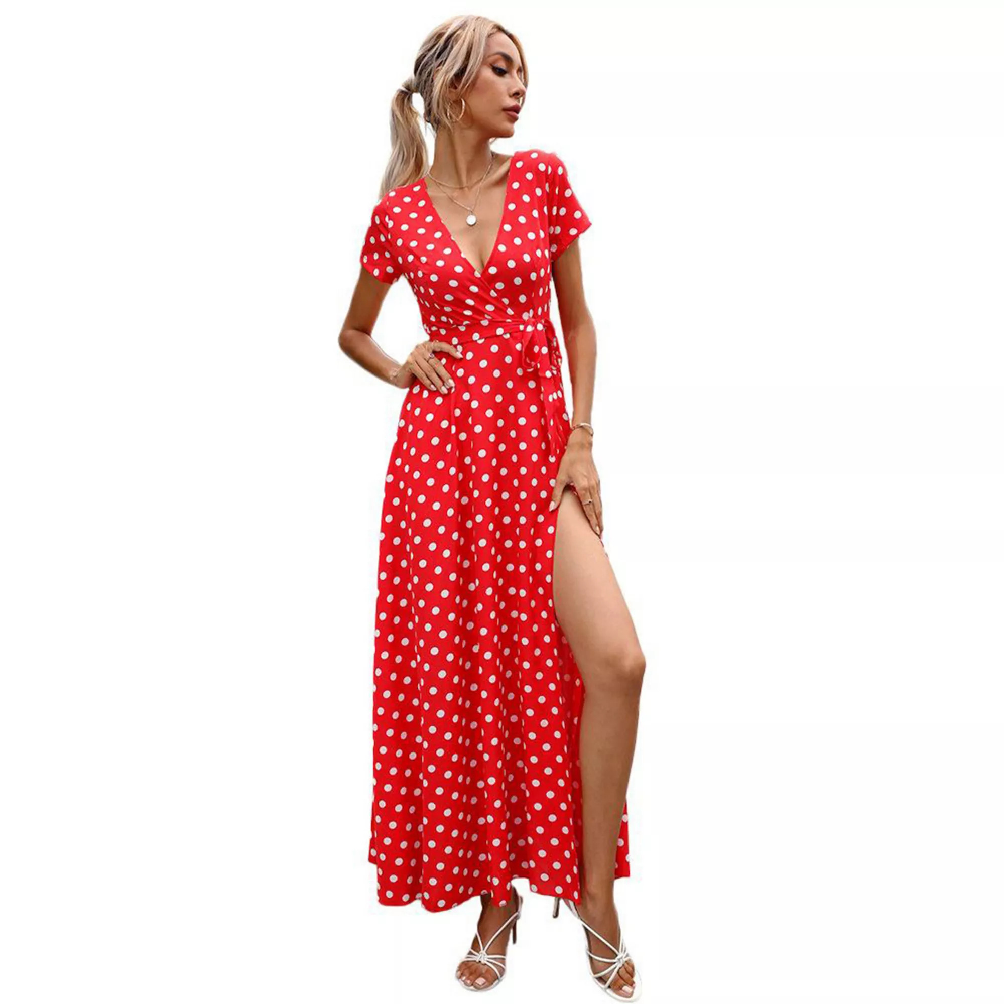 Women's Summer Wrap Maxi Dress Casual Polka Dot V Neck Short Sleeve Split Beach Long Dresses | Kohl's