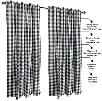 Gingham Check Window Curtain Panel, 100% Cotton, Black/White, Cotton Curtains, 2 Panels Curtain, ... | Amazon (US)