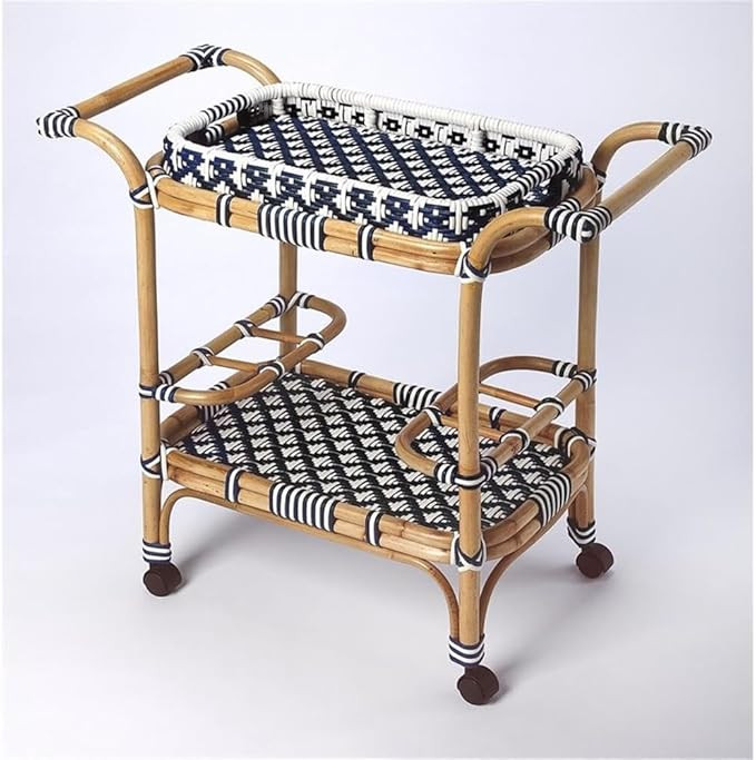 Beaumont Lane Rattan Bar Cart, Blue and White Finish, PE Plastic Weave with Casters, Removable Tr... | Amazon (US)