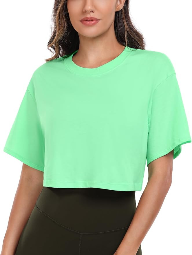 HeyNuts Pima Cotton Crew Neck Crop T-Shirts | Relaxed Fit, Cropped length, Workout, Athletic, Cas... | Amazon (US)
