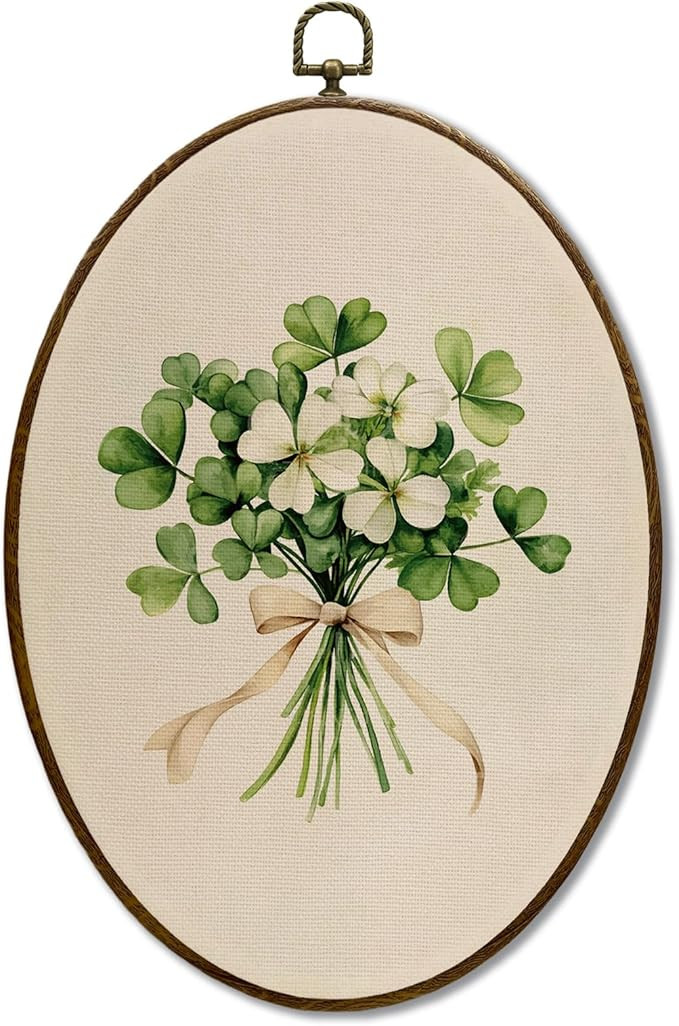 JQF Vintage St Patrick's Day Shamrock Oval Wall Art, Spring Shamrock Oval Canvas Wall Art, Neutra... | Amazon (US)