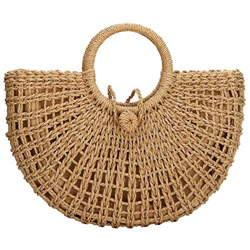 YYW Straw Bags for Women,Hand-woven Straw Top-handle Bag with Round Ring Handle Summer Beach Rattan Tote Handbag (Khaki) One Size | Amazon (US)