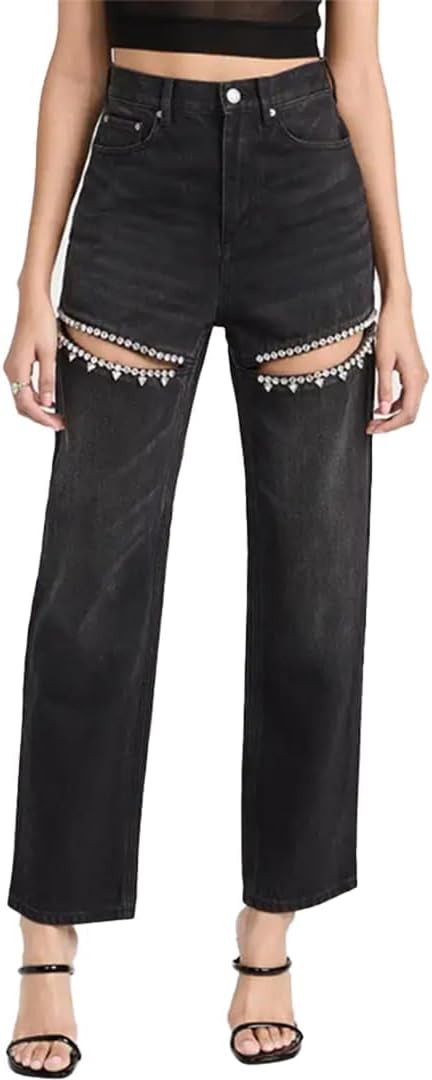 Women's Y2k Baggy Ripped Jeans High Waist Loose Rhinestone Distressed Wide Leg Pants for Women St... | Amazon (US)