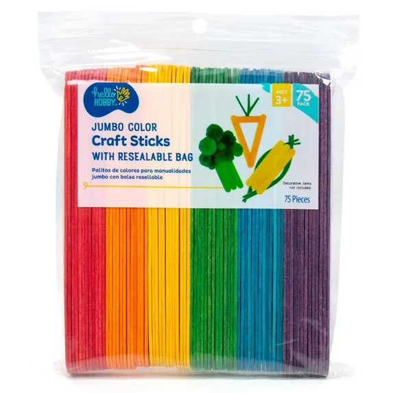 Hello Hobby Jumbo Wood Multicolor Craft Sticks, 75-Pack | Walmart (US)