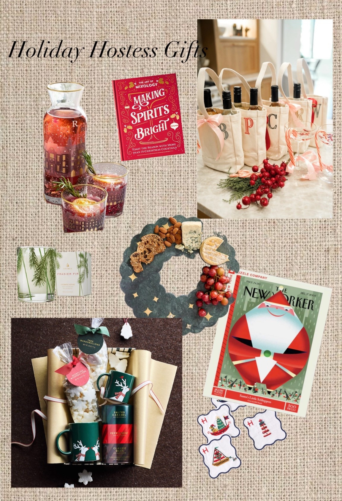 Holiday Hostess Gift Ideas 

Marble wreath Trey 
Hot Cocoa Kit 
New Yorker Puzzel 
Candle 
Personalized Wine Bag 
Cocktail recipe book 
Decanter and glasses 


#LTKHome #LTKGiftGuide #LTKHoliday