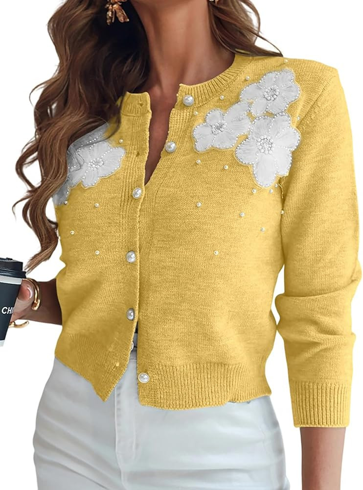 CHICME Womens Elegant 3D Pearl Embellished Floral Knit Cardigan Long Sleeve Round Neck Front Swea... | Amazon (US)