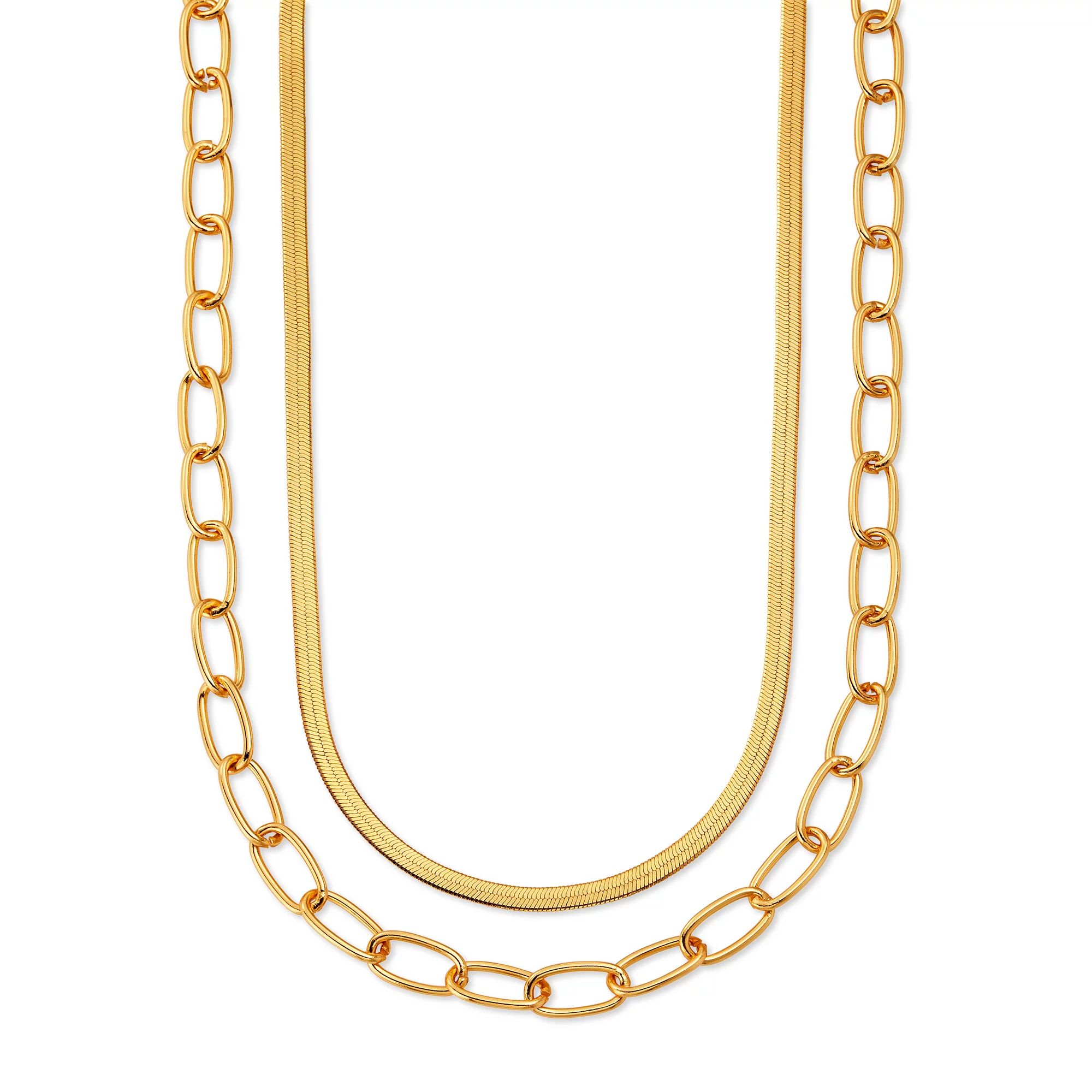 Scoop - Scoop 14KT Gold Flash Plated Brass Layered Herringbone and Link Chain Necklace, 15" + 3" ... | Walmart (US)