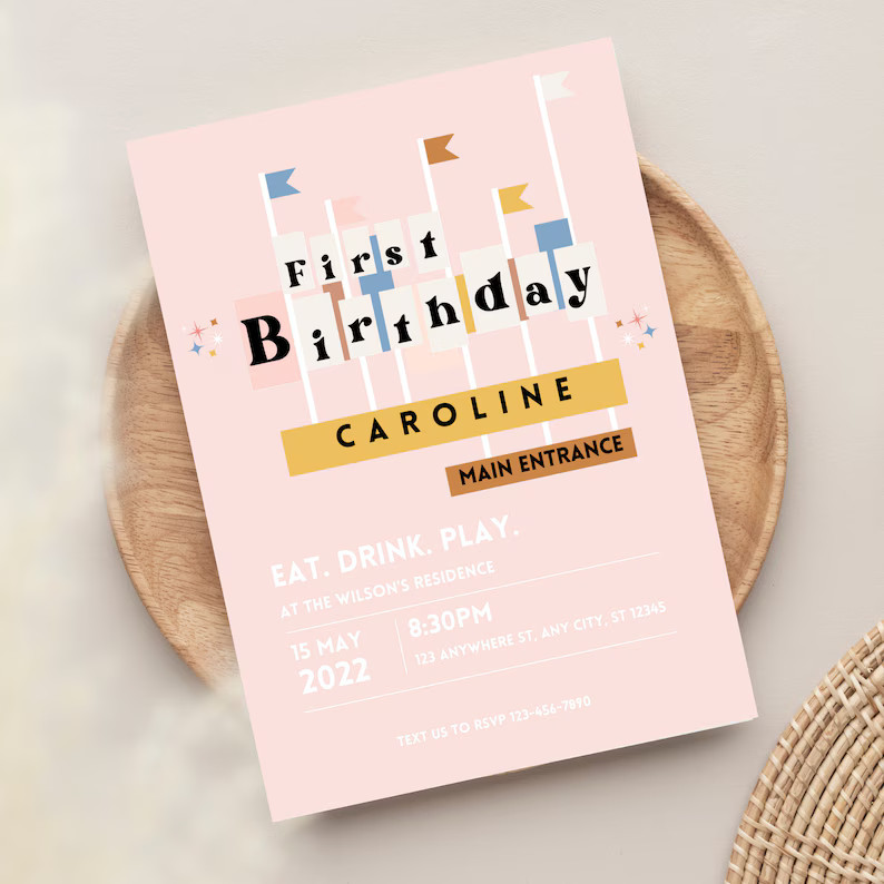 Pink Retro Theme Park Birthday Invitation white Text Retro 1st Birthday Party Editable Template C... | Etsy (US)