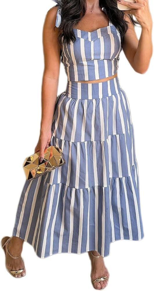 ksotutm Summer Outfits for Women Halter Tops High Waist A Line Maxi Skirt Striped Two Piece Sets ... | Amazon (US)