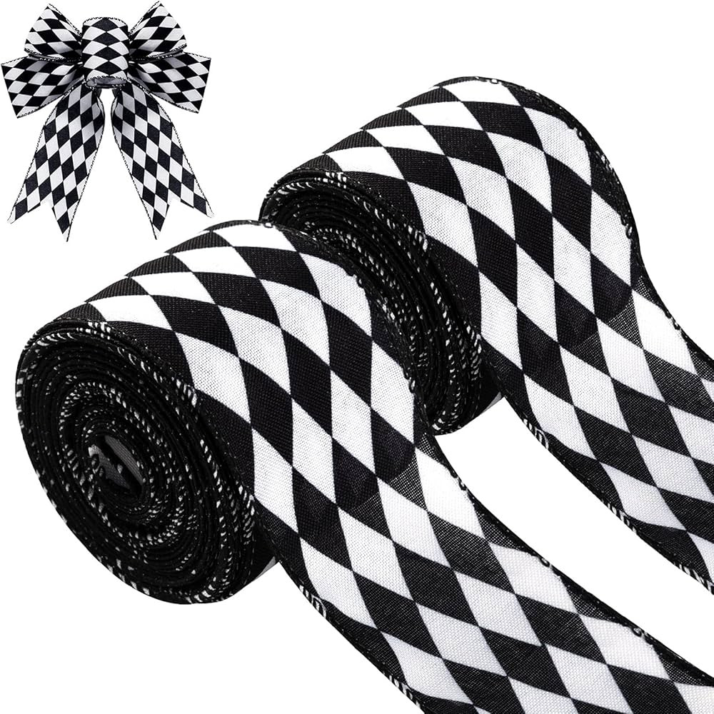 2 Rolls 2.6 Inch x 10 Yards Christmas Checkered Ribbon Black and White Check Ribbon Diamond Check Wi | Amazon (US)