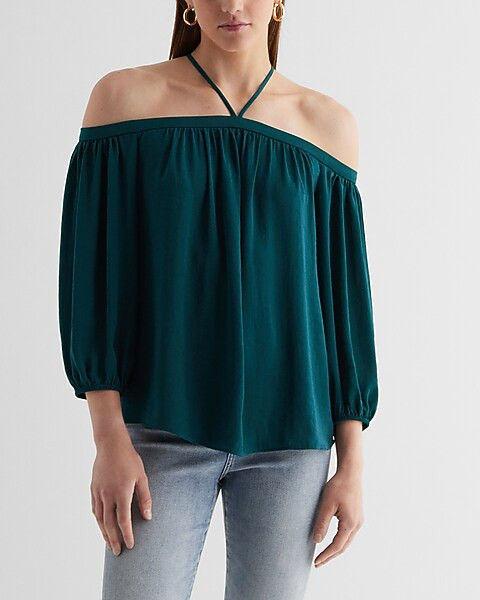 Off The Shoulder Halter Long Sleeve Top | Express