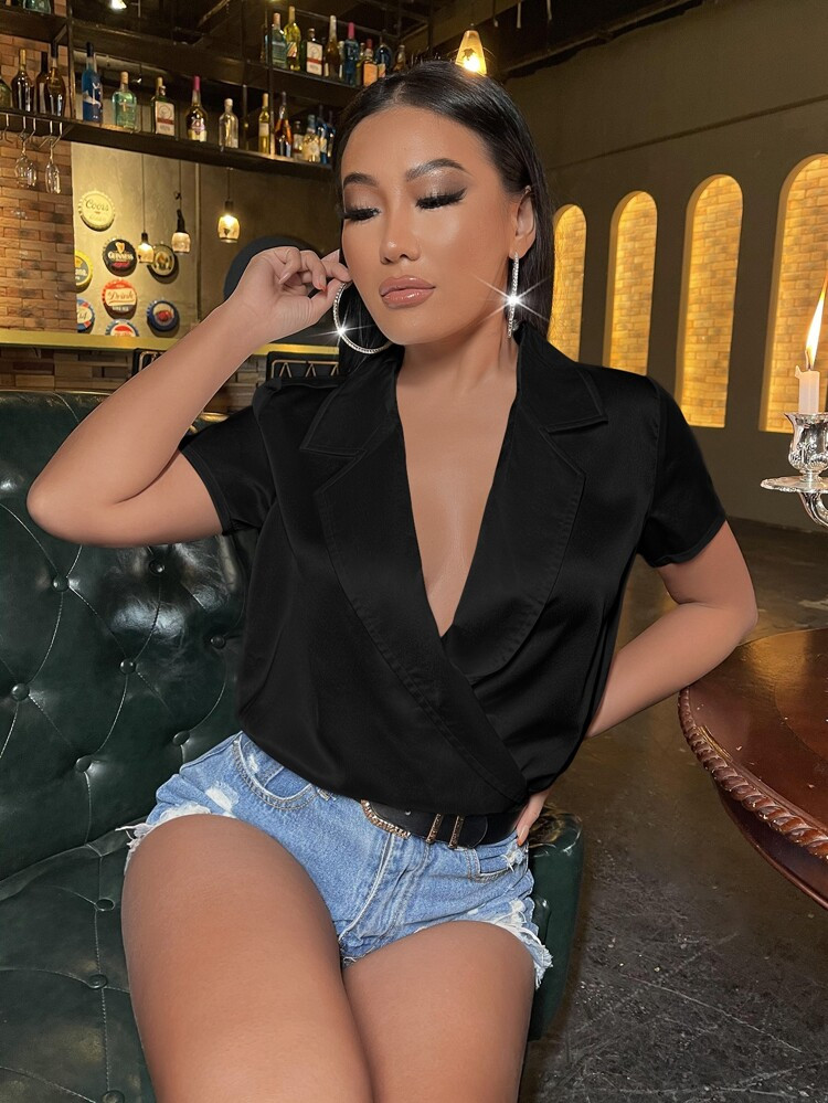 Satin Lapel Neck Blouse | SHEIN